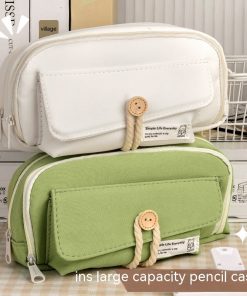 Button Pencil Case Girls Large Capacity Simple Student Creativity Canvas Stationery Bag