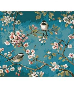 DIY digital painting blue flowers and birds